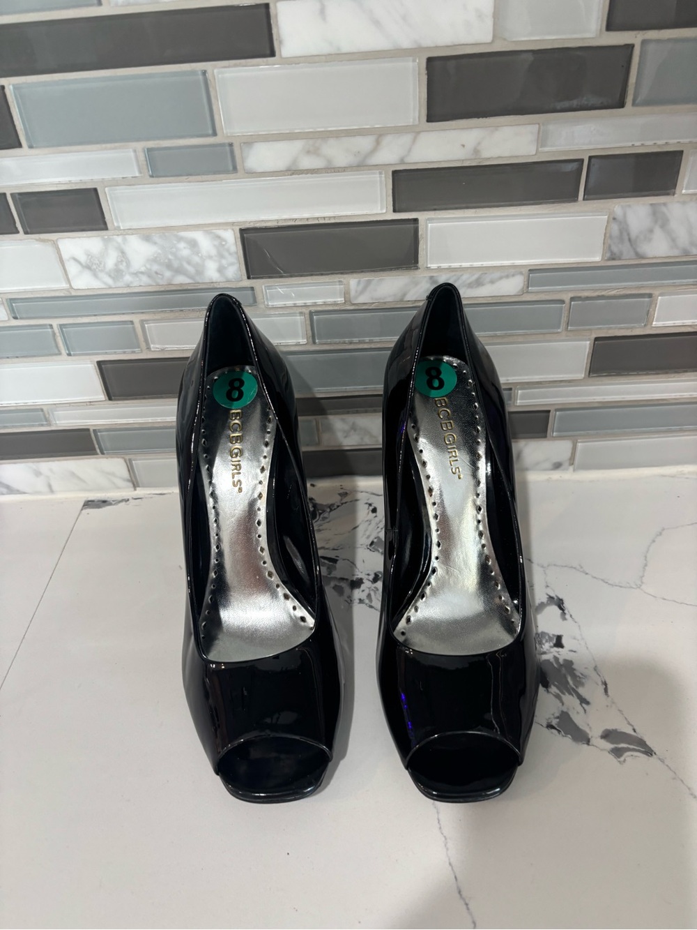 BCBGirls Black Patent Peep-Toe Heels